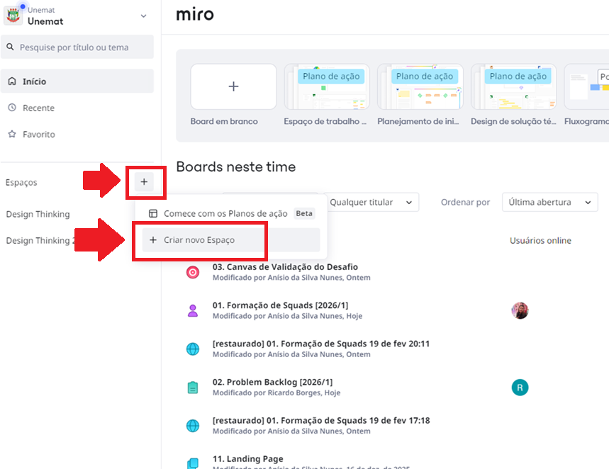 Criar um novo espaço de trabalho no Miro